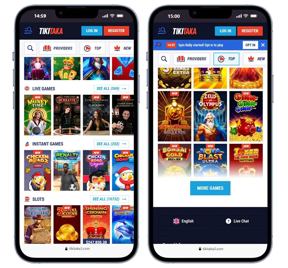 Interfaccia mobile di Tikitaka Casino su smartphone con slot, giochi live e menu di navigazione